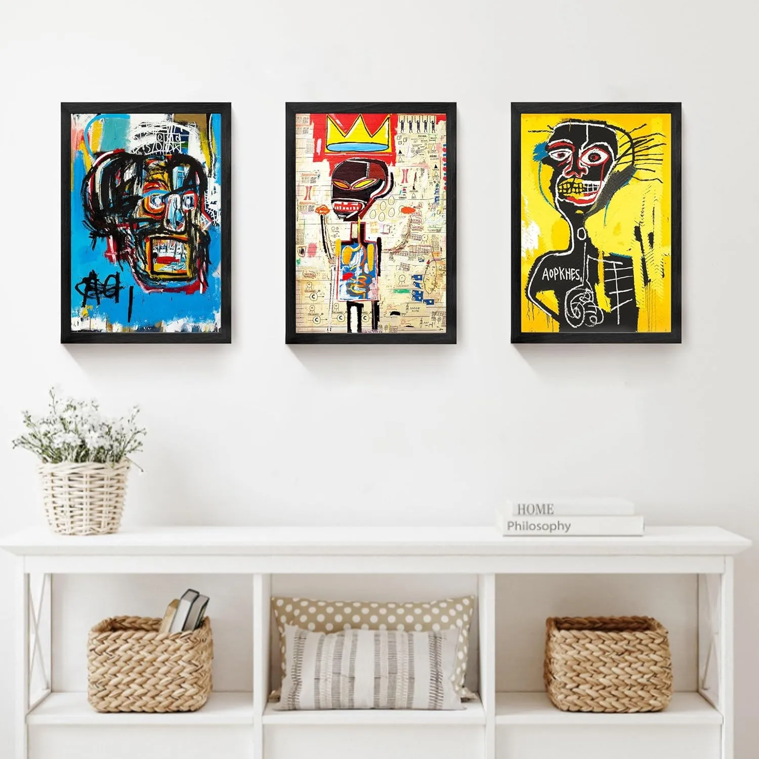 Framed Basquiat Wall Art, Jean Michel Basquiat Colorful Graffiti Canvas Basquiat Poster for Living Room Bedroom Office Set of 3 12x16in