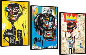 Framed Basquiat Wall Art, Jean Michel Basquiat Colorful Graffiti Canvas Basquiat Poster for Living Room Bedroom Office Set of 3 16x24in
