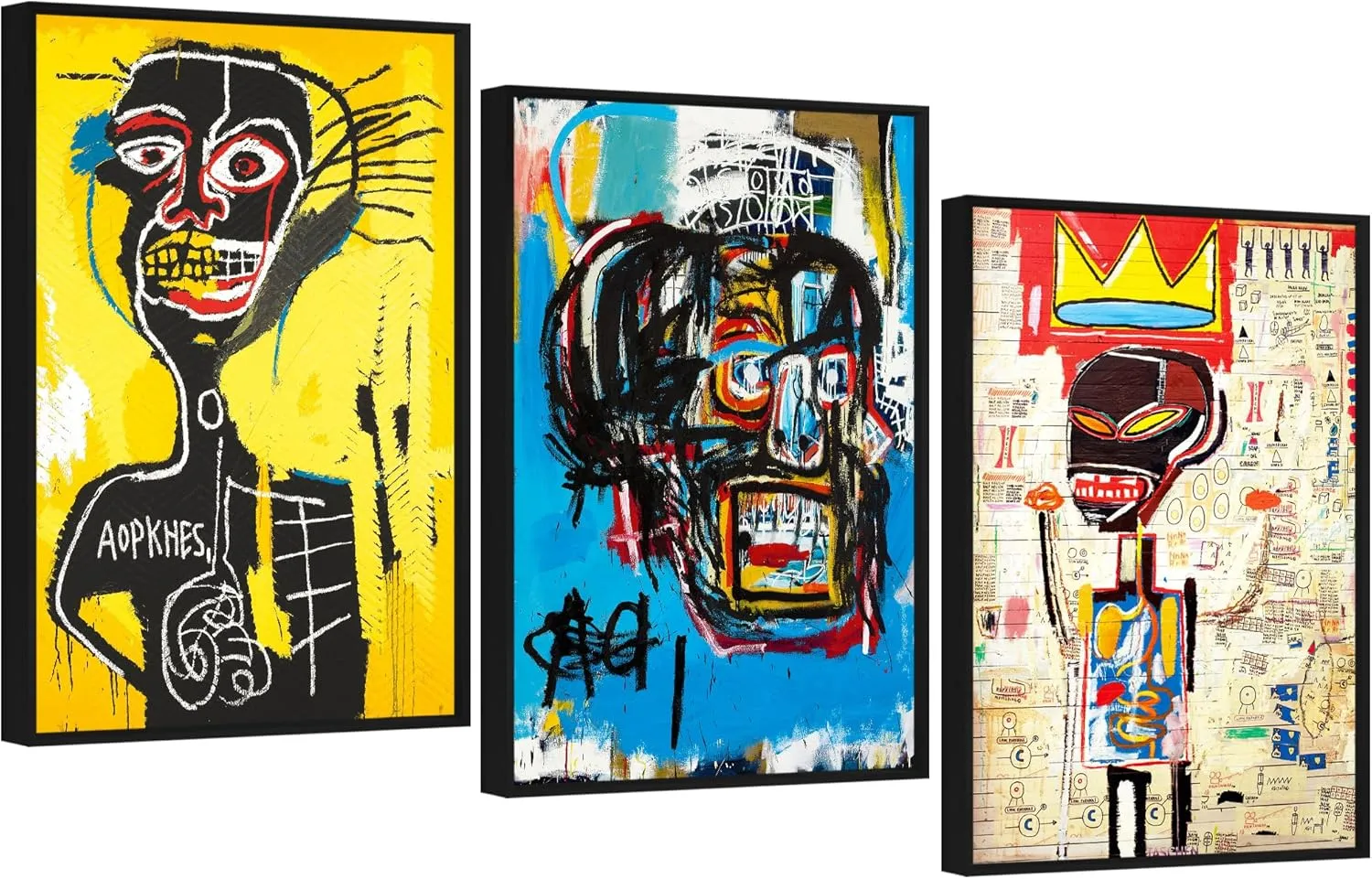 Framed Basquiat Wall Art, Jean Michel Basquiat Colorful Graffiti Canvas Basquiat Poster for Living Room Bedroom Office Set of 3 16x24in