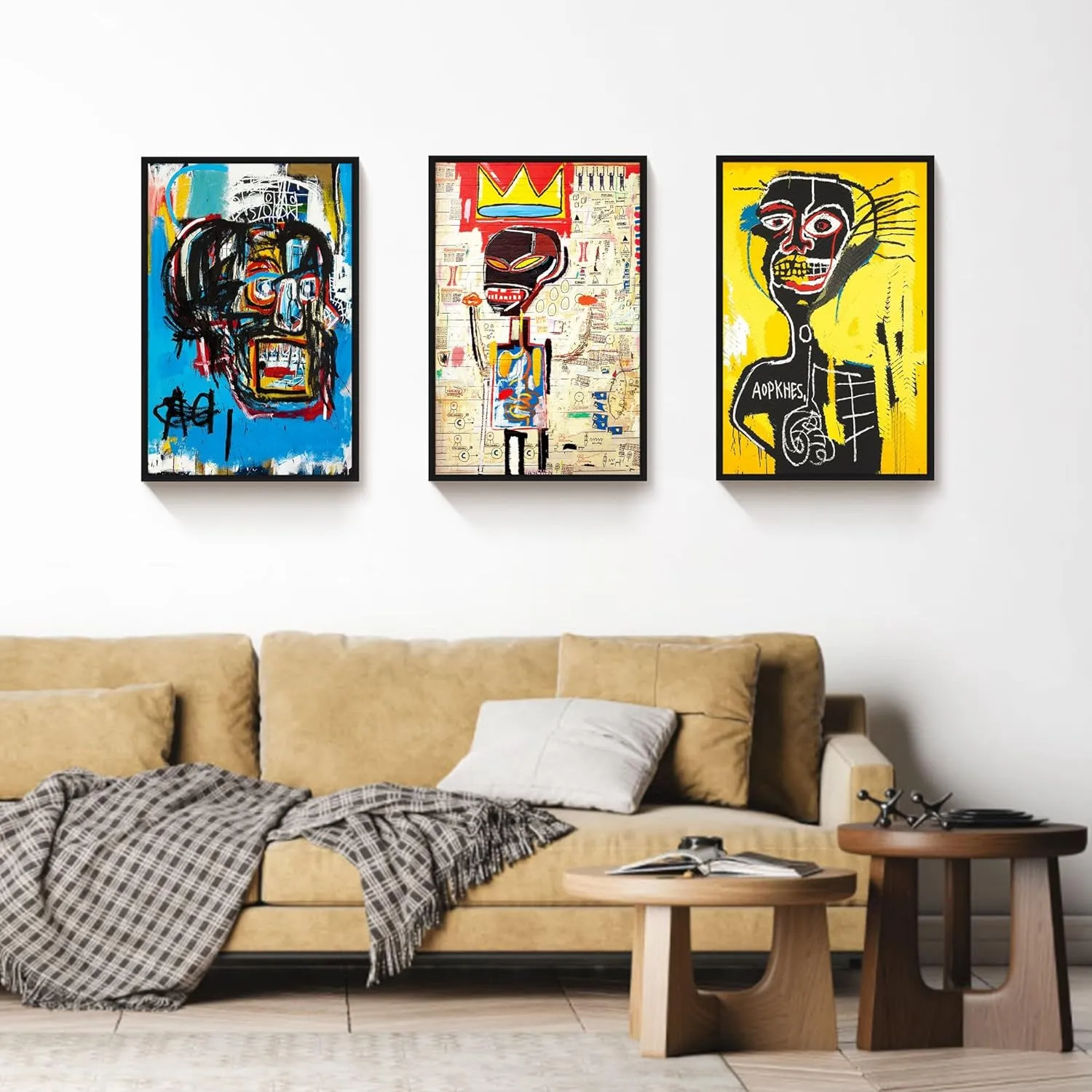 Framed Basquiat Wall Art, Jean Michel Basquiat Colorful Graffiti Canvas Basquiat Poster for Living Room Bedroom Office Set of 3 16x24in