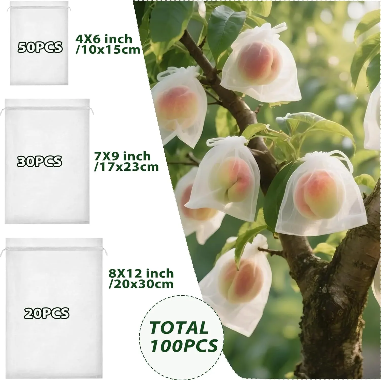 Fruit Protection Bags 100 pcs, Reusable Mesh Bags for Fruit Trees 3-Size, Breathable Covers to Protect Fruits from Pests & Birds(White)
