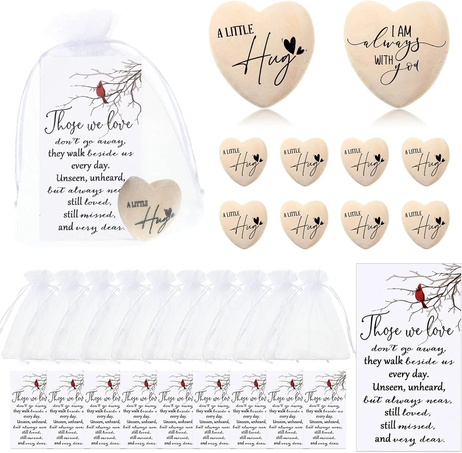 Fulmoon 100 Sets Memorial Pocket Hug Wooden Heart Token Keepsake Pocket Hearts Charms Bulk for Family Funeral Gift with Organza Bags and Cardinal Greeting Cards Church Favors