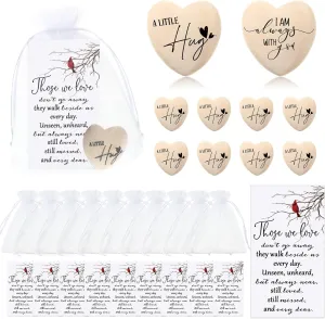 Fulmoon 100 Sets Memorial Pocket Hug Wooden Heart Token Keepsake Pocket Hearts Charms Bulk for Family Funeral Gift with Organza Bags and Cardinal Greeting Cards Church Favors