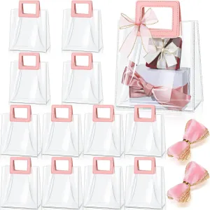 Fulmoon 12 Pcs Clear Gift Bag with Handle and Sheer Ribbon Reusable Transparent PVC Gift Bag for Bridal Party, Baby Shower, Wedding, Birthday, 7 x 4 x 8 Inch(Pink)