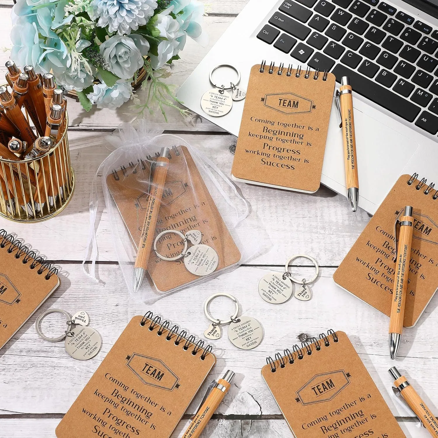 Fulmoon 80 Pcs Employee Appreciation Gifts Set Include Notepad Pen Thank You Keychain Organza Bag, Going Away Retirement Birthday Christmas Team Gift for Member Coworker Staff(Brown)