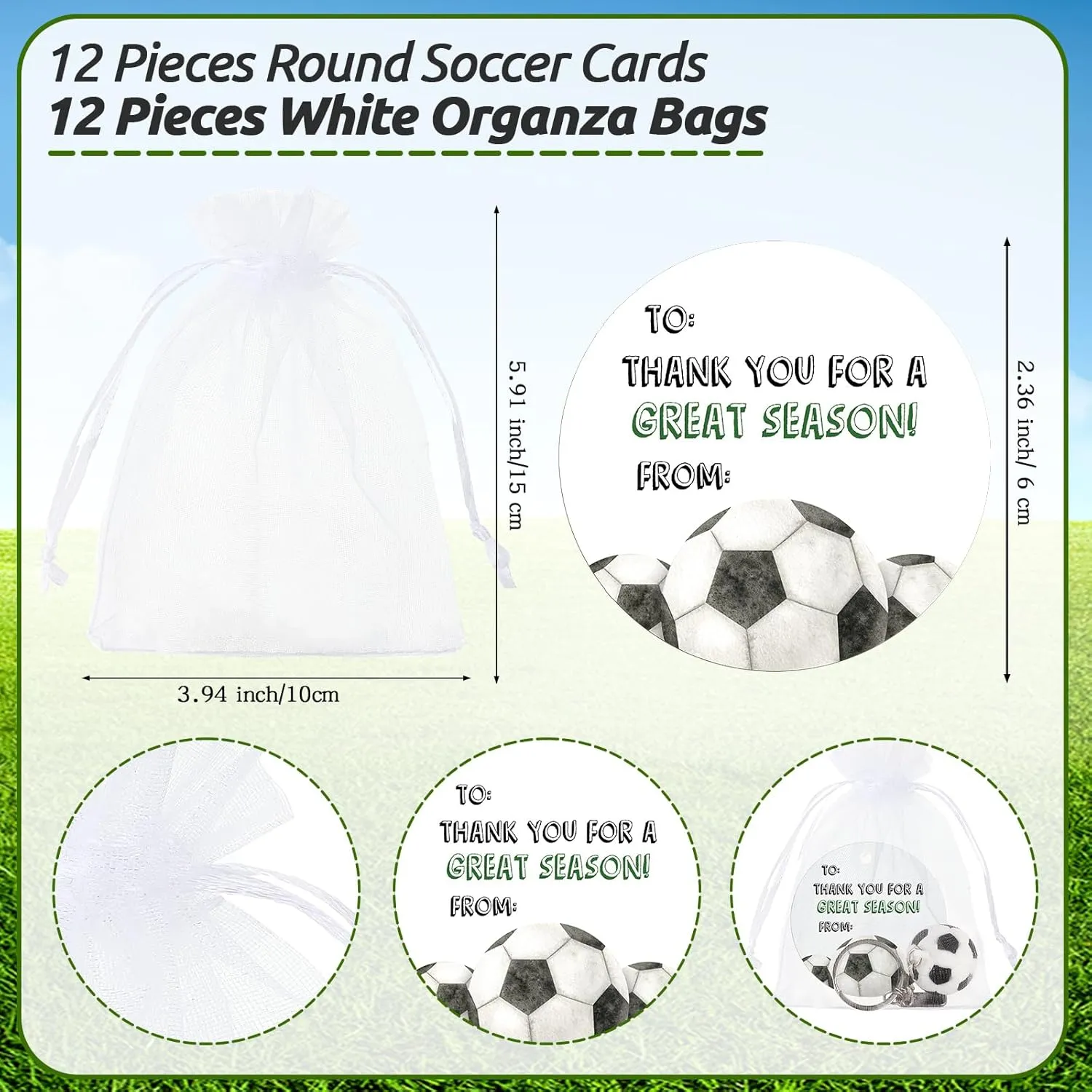 Fumete 12 Set Sports Party Favors Keychain End of Season Team Gifts Thank You Cards Organza Bags Supplies