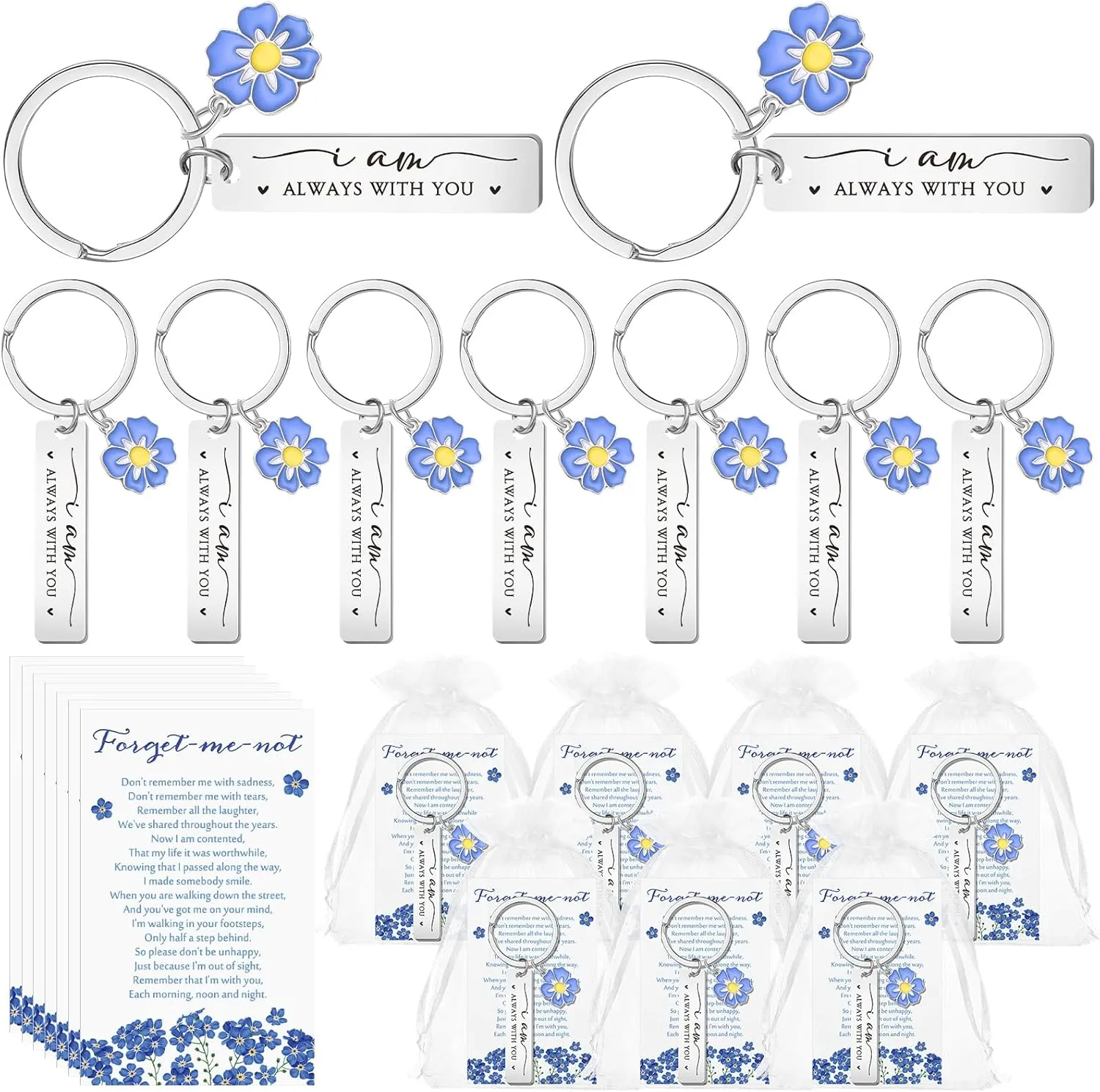 Funeral Favors Keychains Forget Me Not Poem Cards with Organza Bags Celebration of Life Favors for Sympathy Guest
