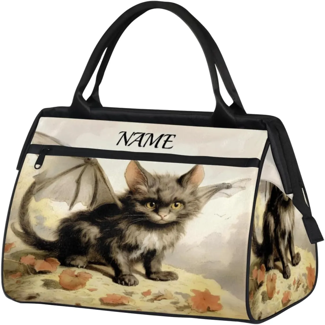 Funny Cat Wing Animal Travel Sports Bag for Women Essentials Customized Name Carry On Duffel Gym Bag Personalized Accessories Large Tote Weekender Bag Ladies Beach Waterproof Bag