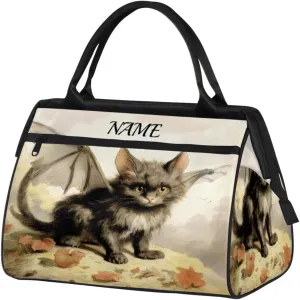 Funny Cat Wing Animal Travel Sports Bag for Women Essentials Customized Name Carry On Duffel Gym Bag Personalized Accessories Large Tote Weekender Bag Ladies Beach Waterproof Bag