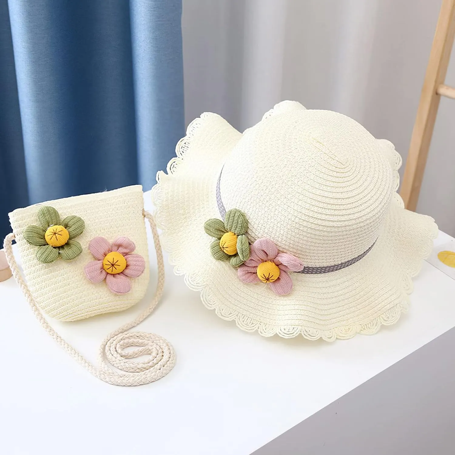 Girls Straw Hat Purse Bag Set Lace Brim Flowers Pearl Summer Beach Sun Hat Princess Shoulder Crossbody Bag Chin Strap