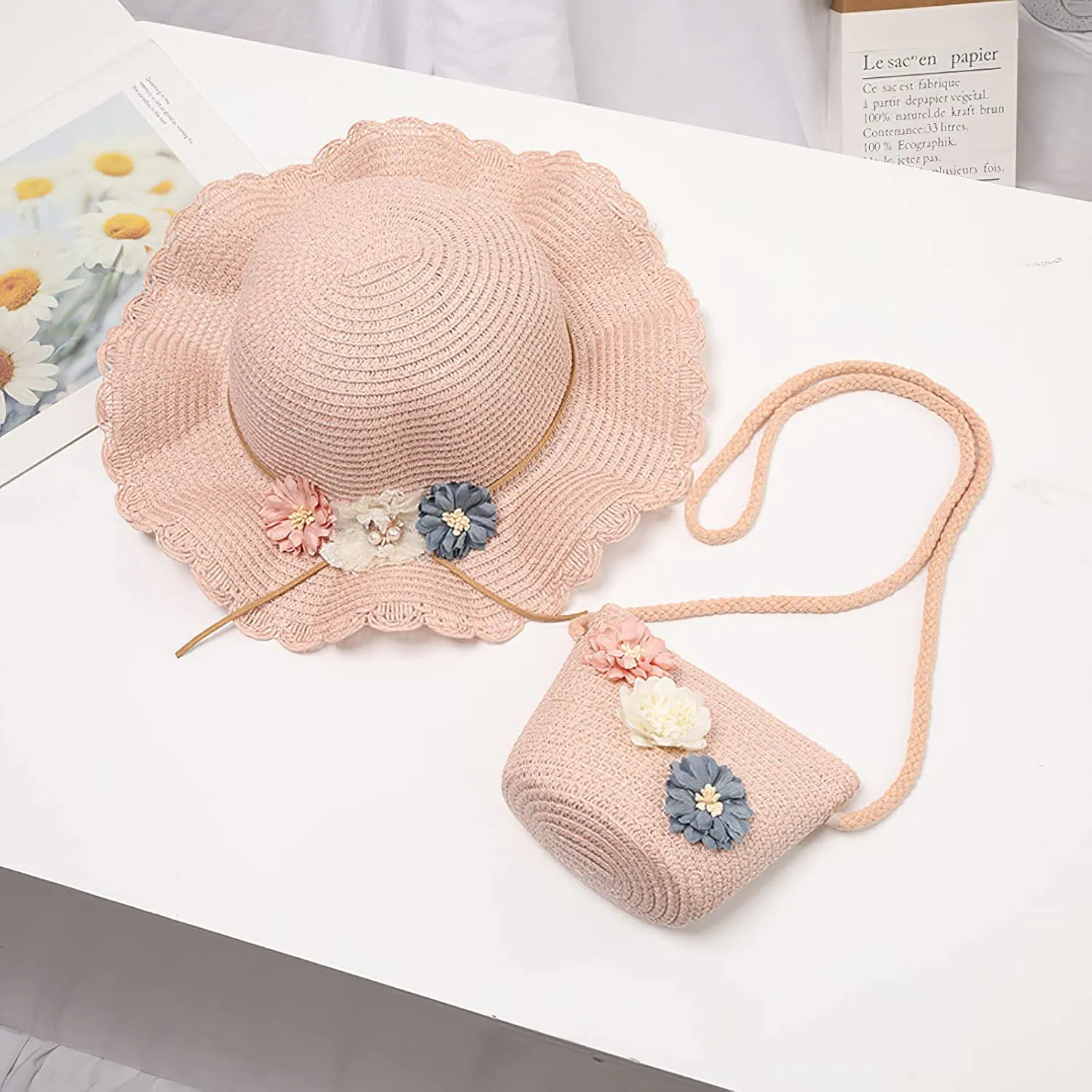 Girls Straw Hat Purse Bag Set Lace Brim Flowers Pearl Summer Beach Sun Hat Princess Shoulder Crossbody Bag Chin Strap