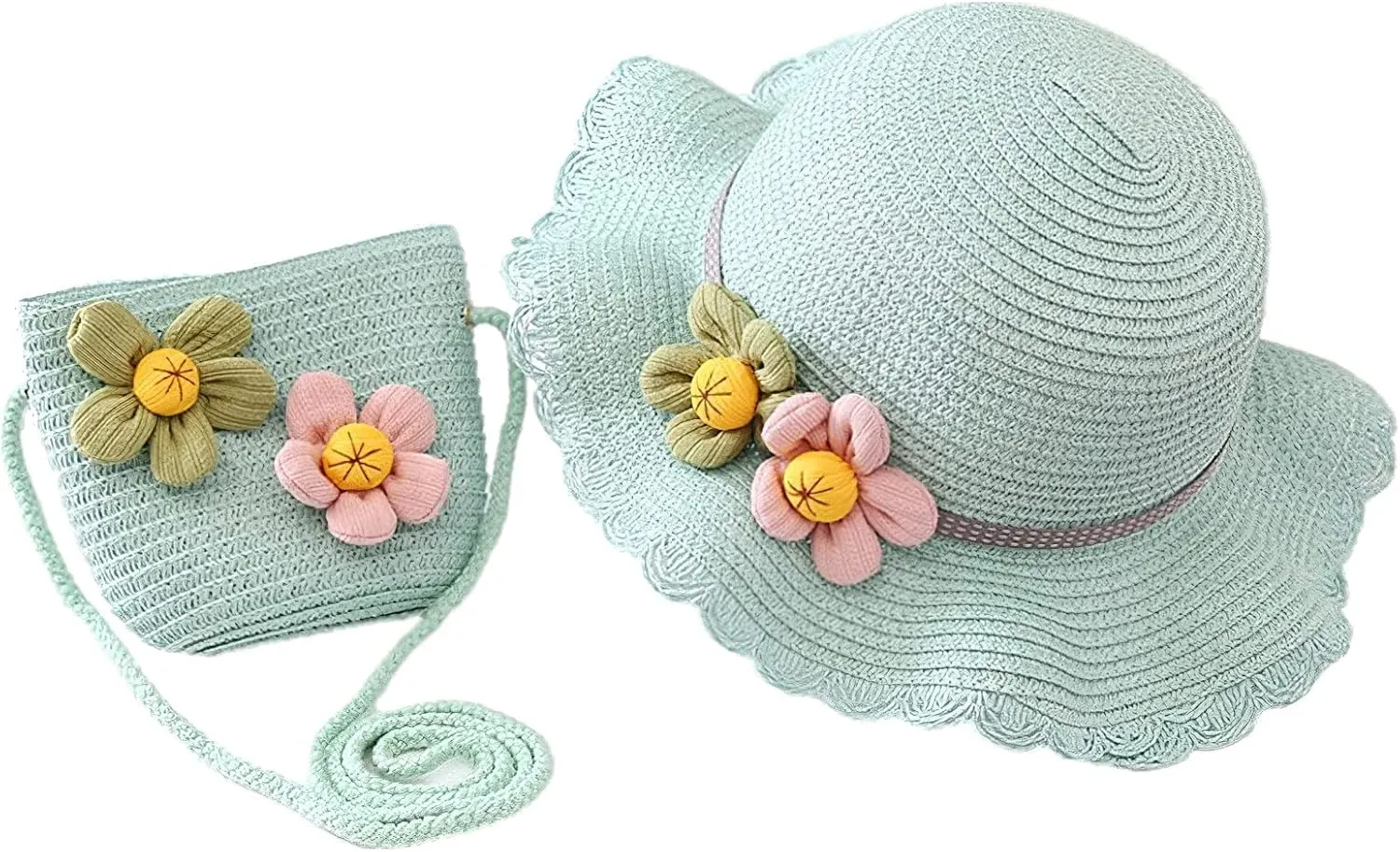 Girls Straw Hat Purse Bag Set Lace Brim Flowers Pearl Summer Beach Sun Hat Princess Shoulder Crossbody Bag Chin Strap
