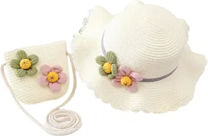Girls Straw Hat Purse Bag Set Lace Brim Flowers Pearl Summer Beach Sun Hat Princess Shoulder Crossbody Bag Chin Strap