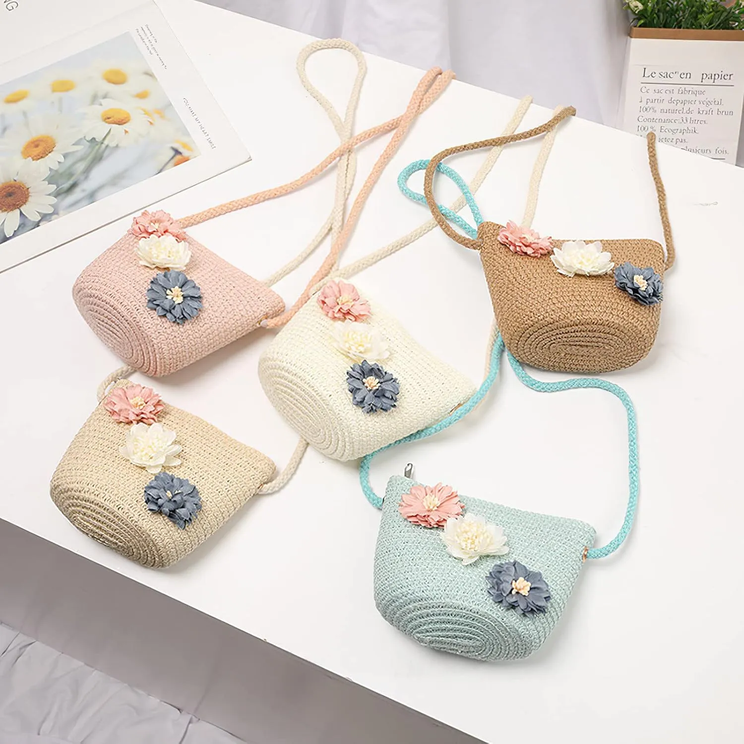 Girls Straw Hat Purse Bag Set Lace Brim Flowers Pearl Summer Beach Sun Hat Princess Shoulder Crossbody Bag Chin Strap