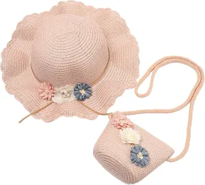Girls Straw Hat Purse Bag Set Lace Brim Flowers Pearl Summer Beach Sun Hat Princess Shoulder Crossbody Bag Chin Strap