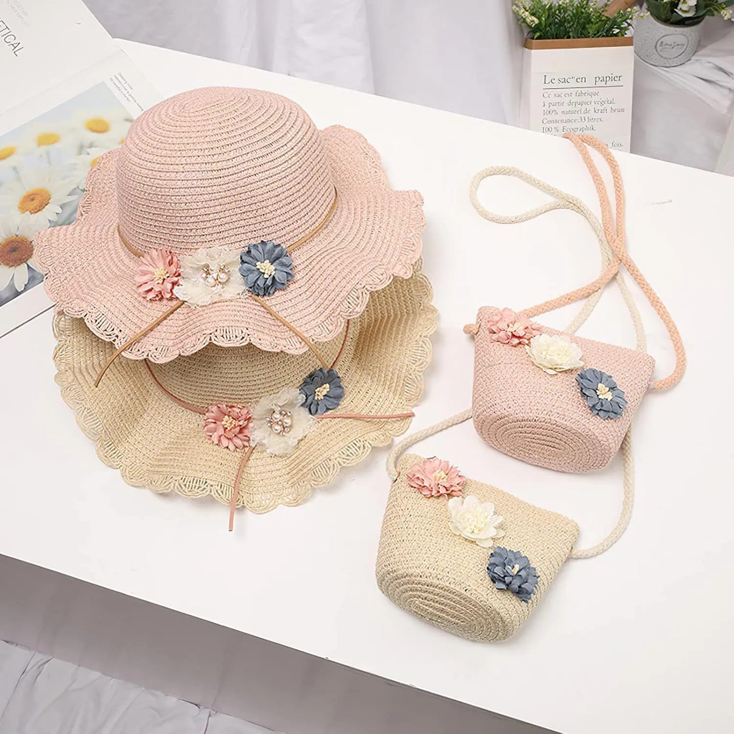 Girls Straw Hat Purse Bag Set Lace Brim Flowers Pearl Summer Beach Sun Hat Princess Shoulder Crossbody Bag Chin Strap