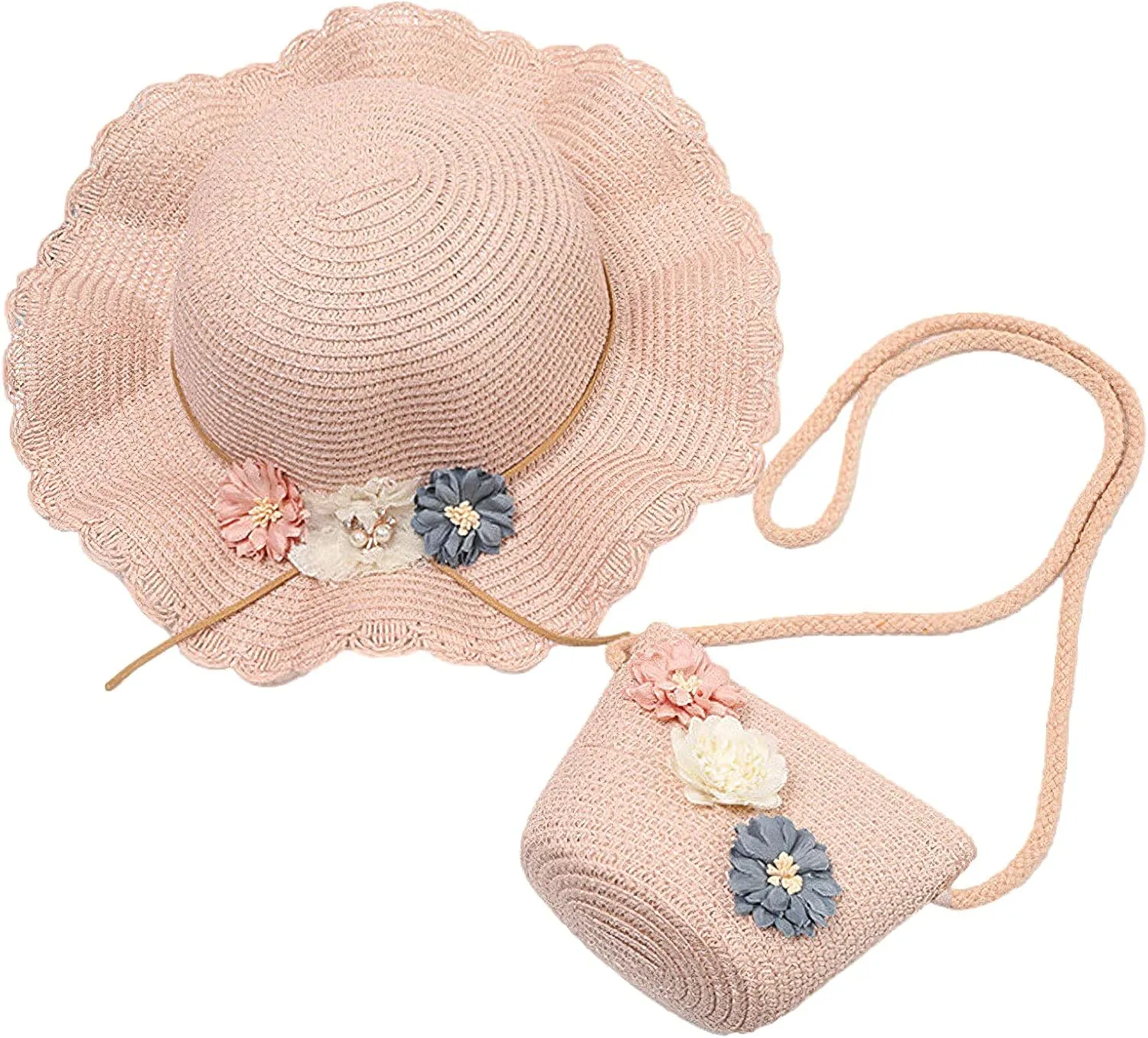 Girls Straw Hat Purse Bag Set Lace Brim Flowers Pearl Summer Beach Sun Hat Princess Shoulder Crossbody Bag Chin Strap