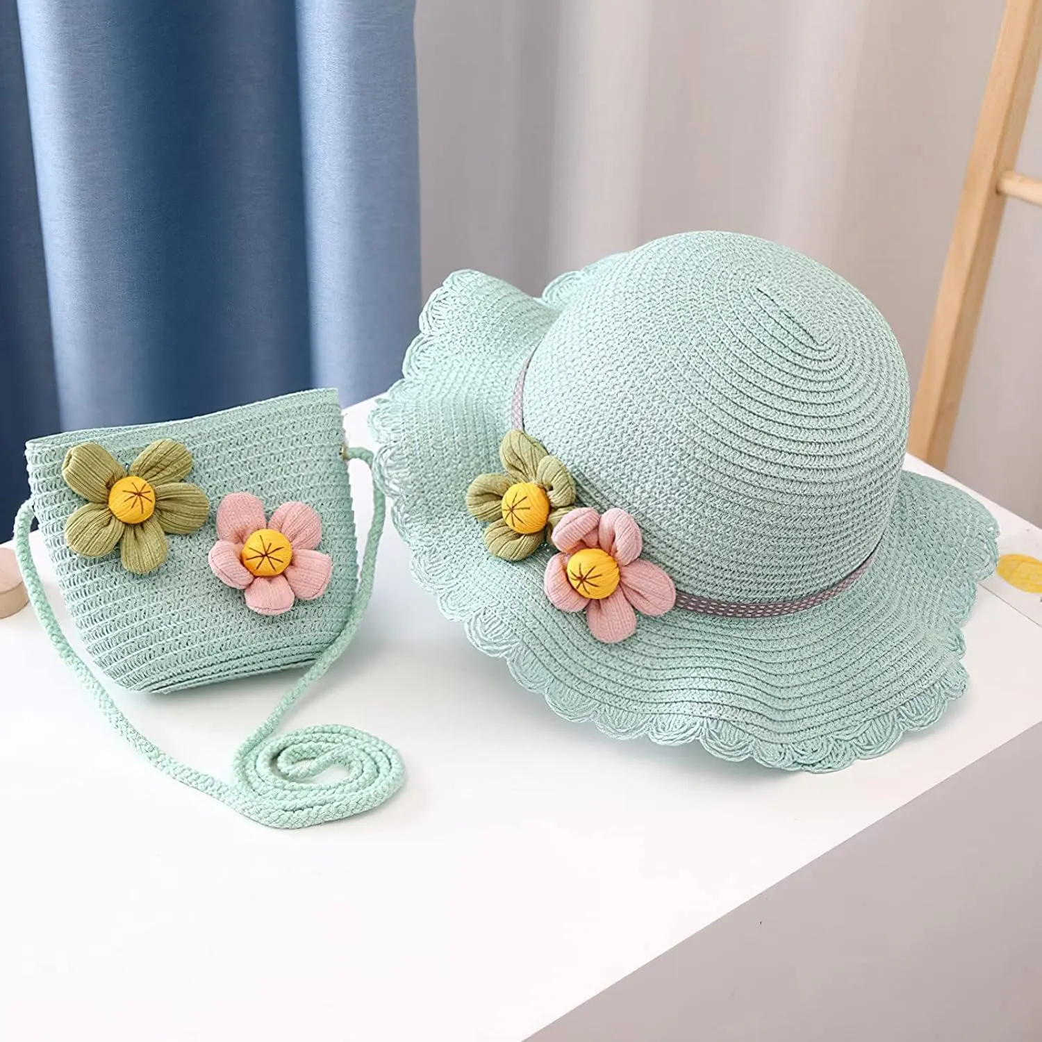 Girls Straw Hat Purse Bag Set Lace Brim Flowers Pearl Summer Beach Sun Hat Princess Shoulder Crossbody Bag Chin Strap