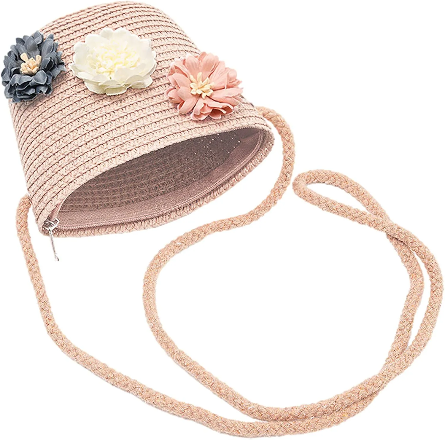 Girls Straw Hat Purse Bag Set Lace Brim Flowers Pearl Summer Beach Sun Hat Princess Shoulder Crossbody Bag Chin Strap