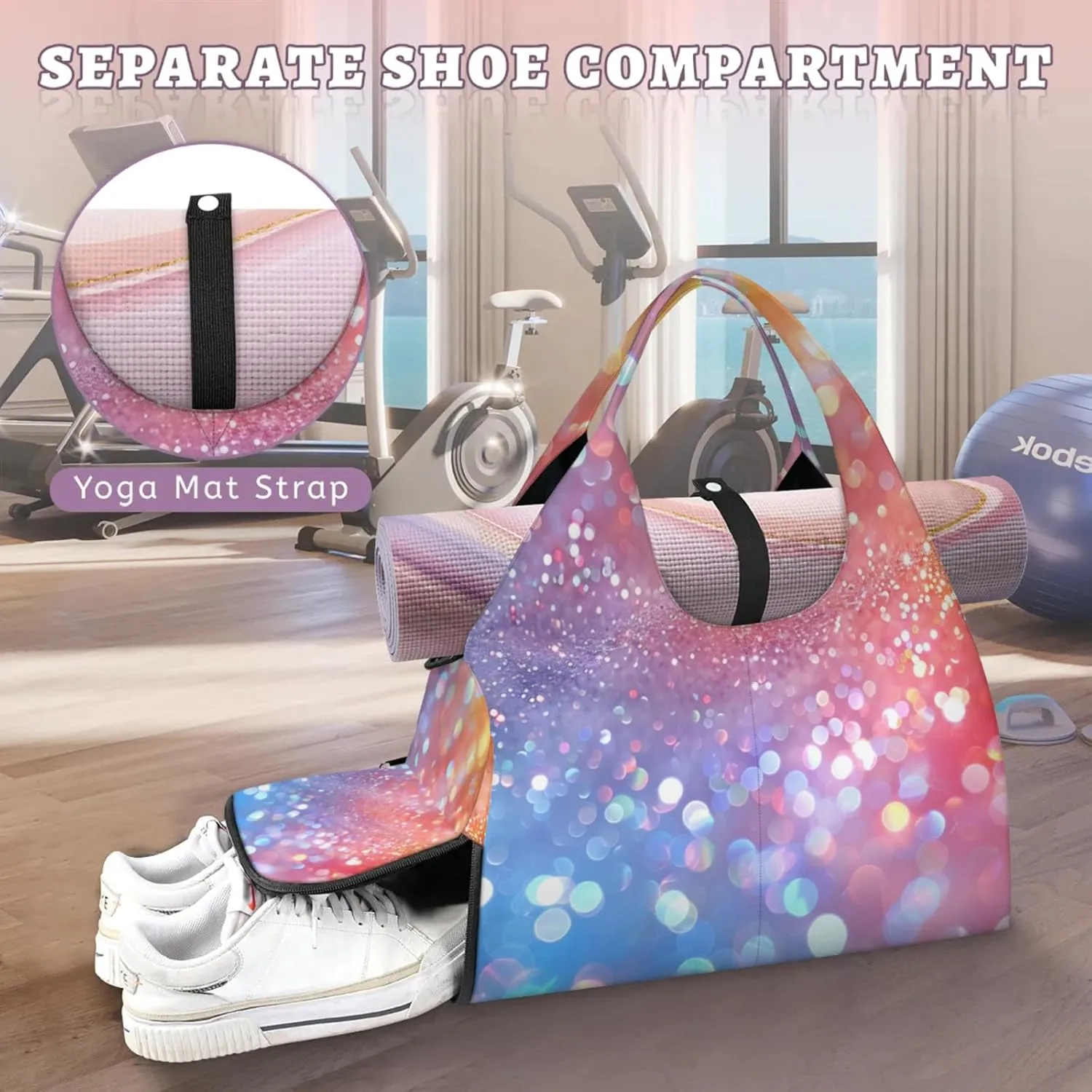 Glitter Wall Paper Gym Bag Yoga Mat Tote for Women with Shoes Compartment Lightweight Duffle Travel Carrier Wet Dry Storage Pockets Adjustable Pilates Mats Shoulder Bags for Sport Swim