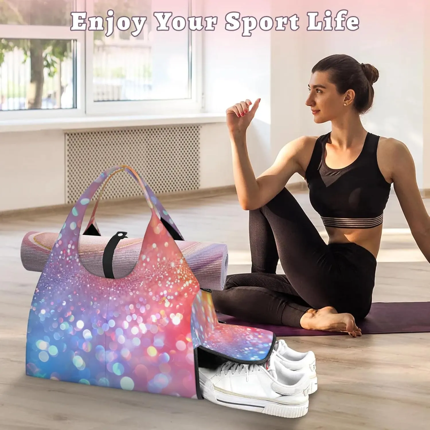 Glitter Wall Paper Gym Bag Yoga Mat Tote for Women with Shoes Compartment Lightweight Duffle Travel Carrier Wet Dry Storage Pockets Adjustable Pilates Mats Shoulder Bags for Sport Swim