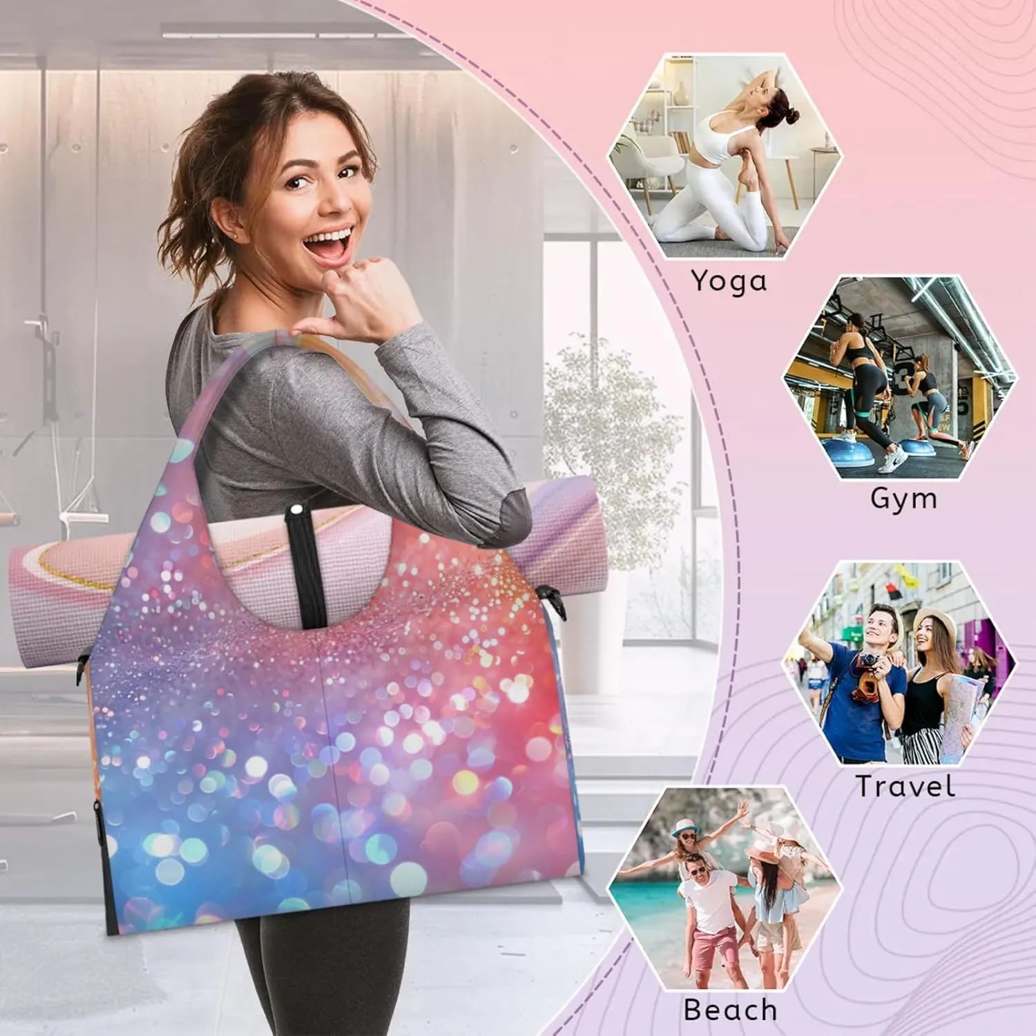 Glitter Wall Paper Gym Bag Yoga Mat Tote for Women with Shoes Compartment Lightweight Duffle Travel Carrier Wet Dry Storage Pockets Adjustable Pilates Mats Shoulder Bags for Sport Swim