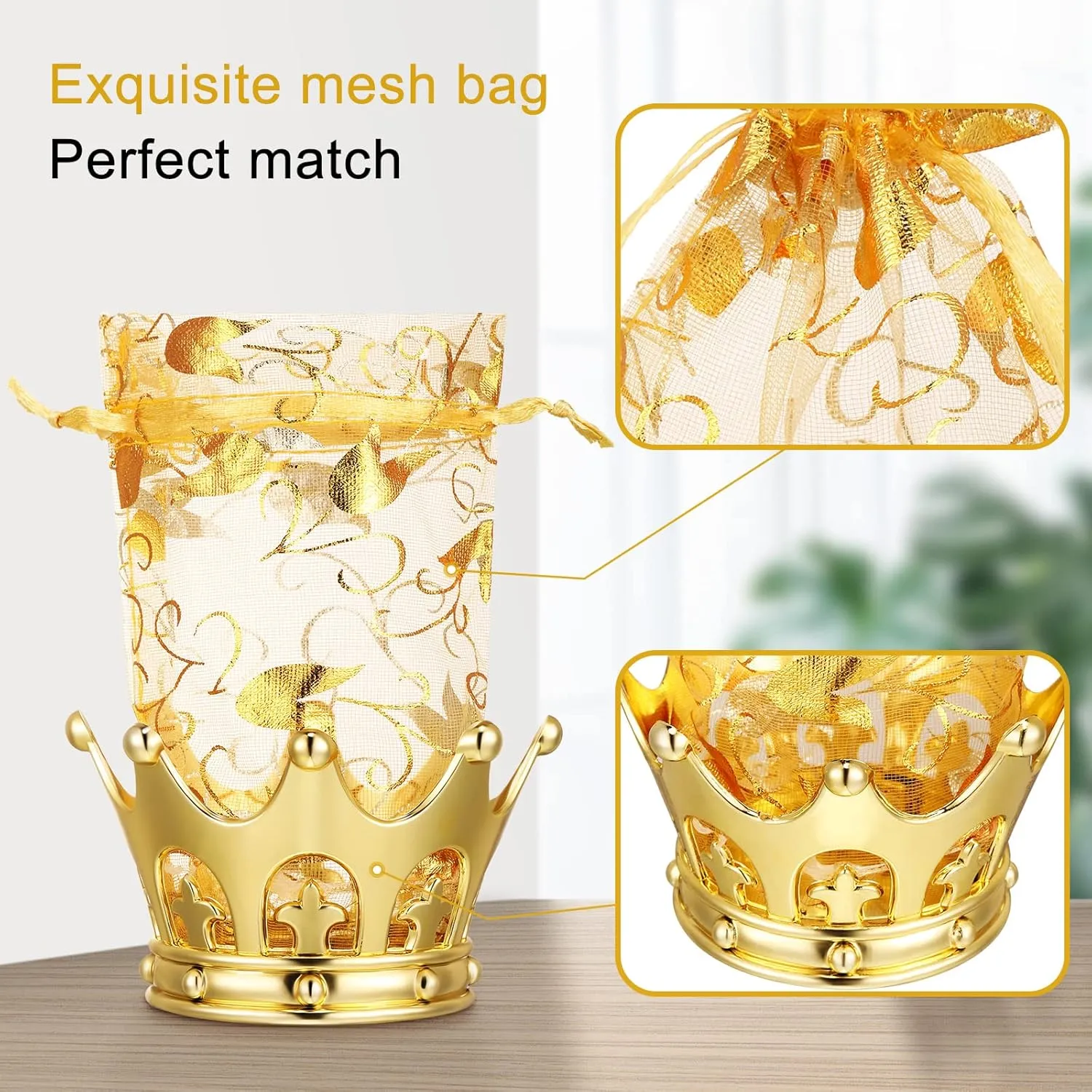 Gold Fillable Crown Goblet with Pouch for Candy Chocolate Cake Dessert Storage Decoration for Wedding Birthday Party(48 Pieces)