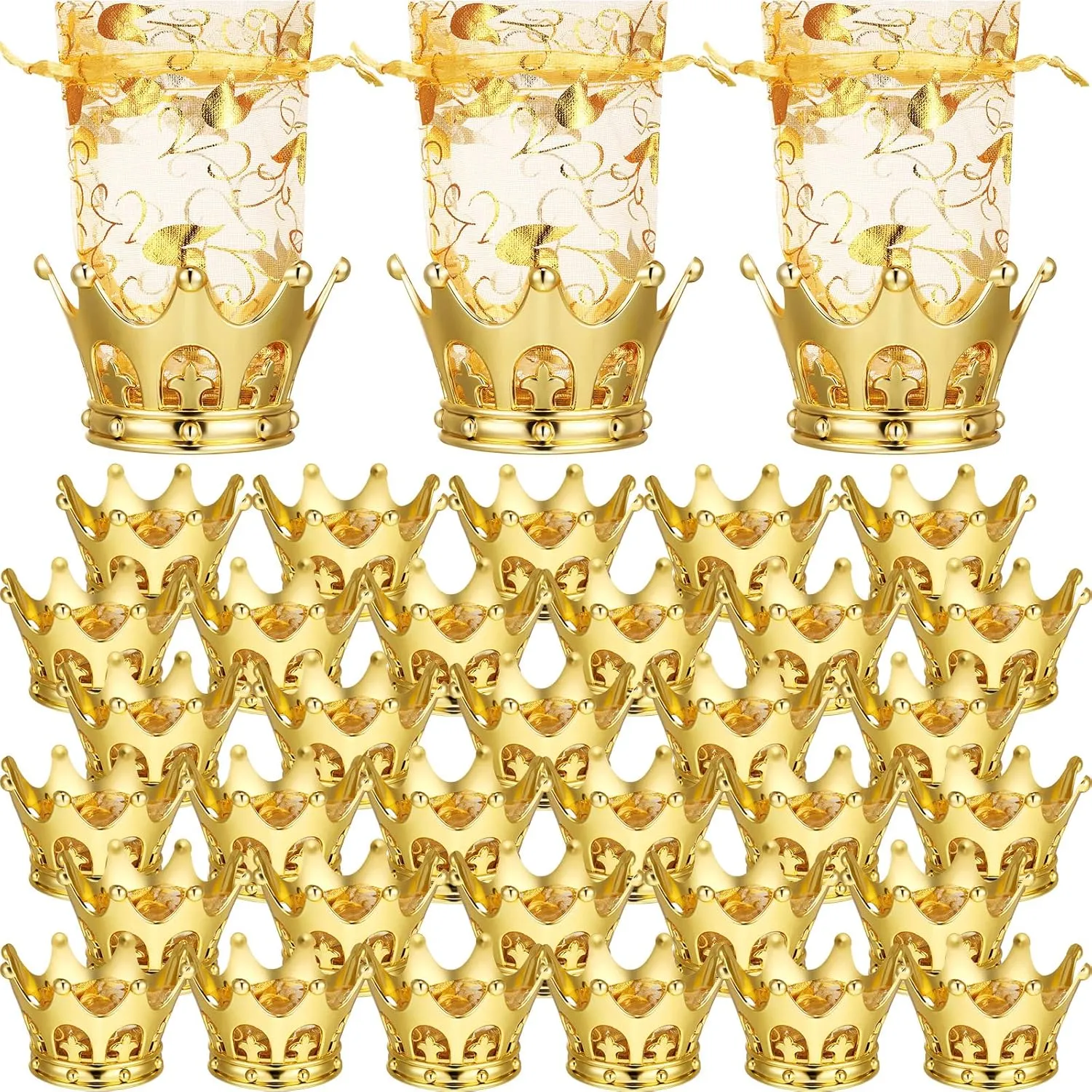 Gold Fillable Crown Goblet with Pouch for Candy Chocolate Cake Dessert Storage Decoration for Wedding Birthday Party(48 Pieces)