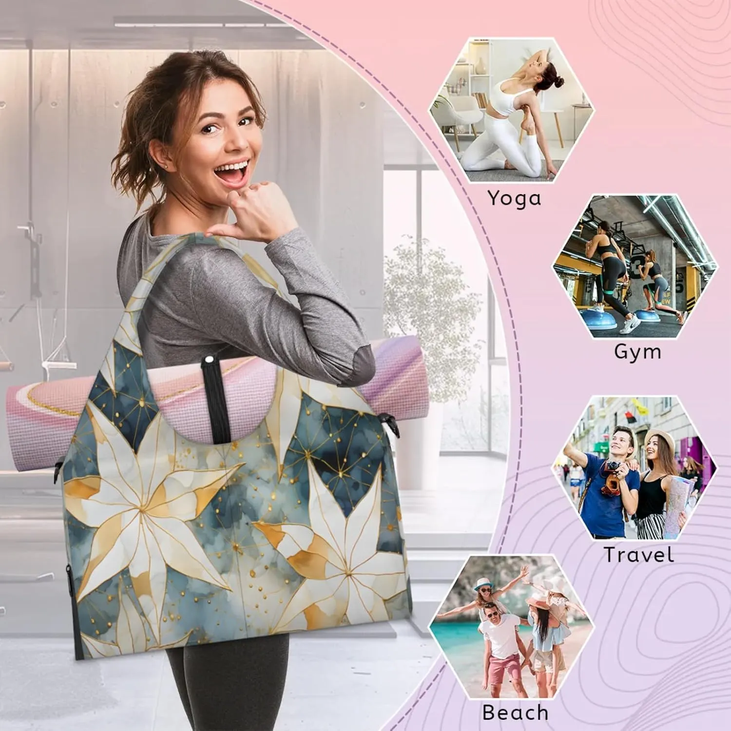Golden Star Motif Waterproof Gym Bag for Men Women, Sports Duffel Bag with Shoe Compartment Yoga Mat Holder, Portable Large Travel Bag for Fitness, Camping, Weekend Trips