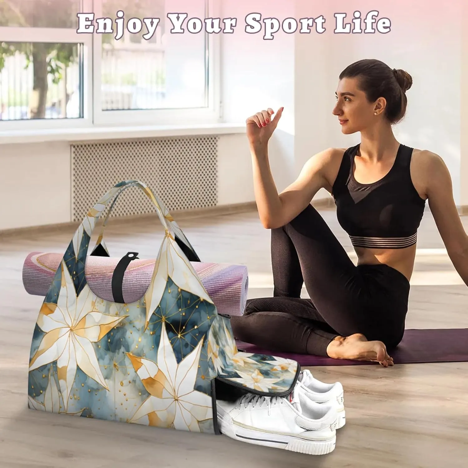 Golden Star Motif Waterproof Gym Bag for Men Women, Sports Duffel Bag with Shoe Compartment Yoga Mat Holder, Portable Large Travel Bag for Fitness, Camping, Weekend Trips