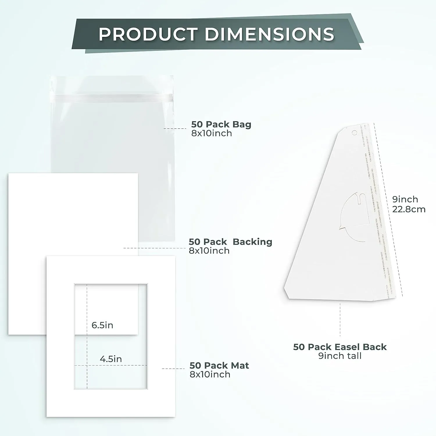Golden State Art, 9 Inches Cardboard Easel Back Display Sets, Single Wing, Acid-Free 8x10 White Picture Mat, Backing Board, Clear Plastic Bags, for Photos, Sign, Craft, Art Prints. Pack of 50 Each