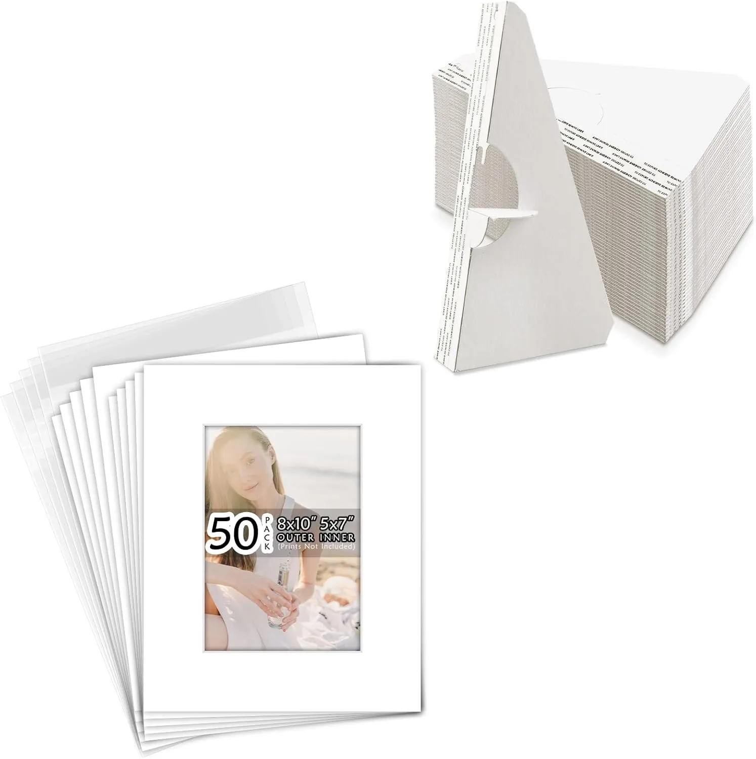 Golden State Art, 9 Inches Cardboard Easel Back Display Sets, Single Wing, Acid-Free 8x10 White Picture Mat, Backing Board, Clear Plastic Bags, for Photos, Sign, Craft, Art Prints. Pack of 50 Each