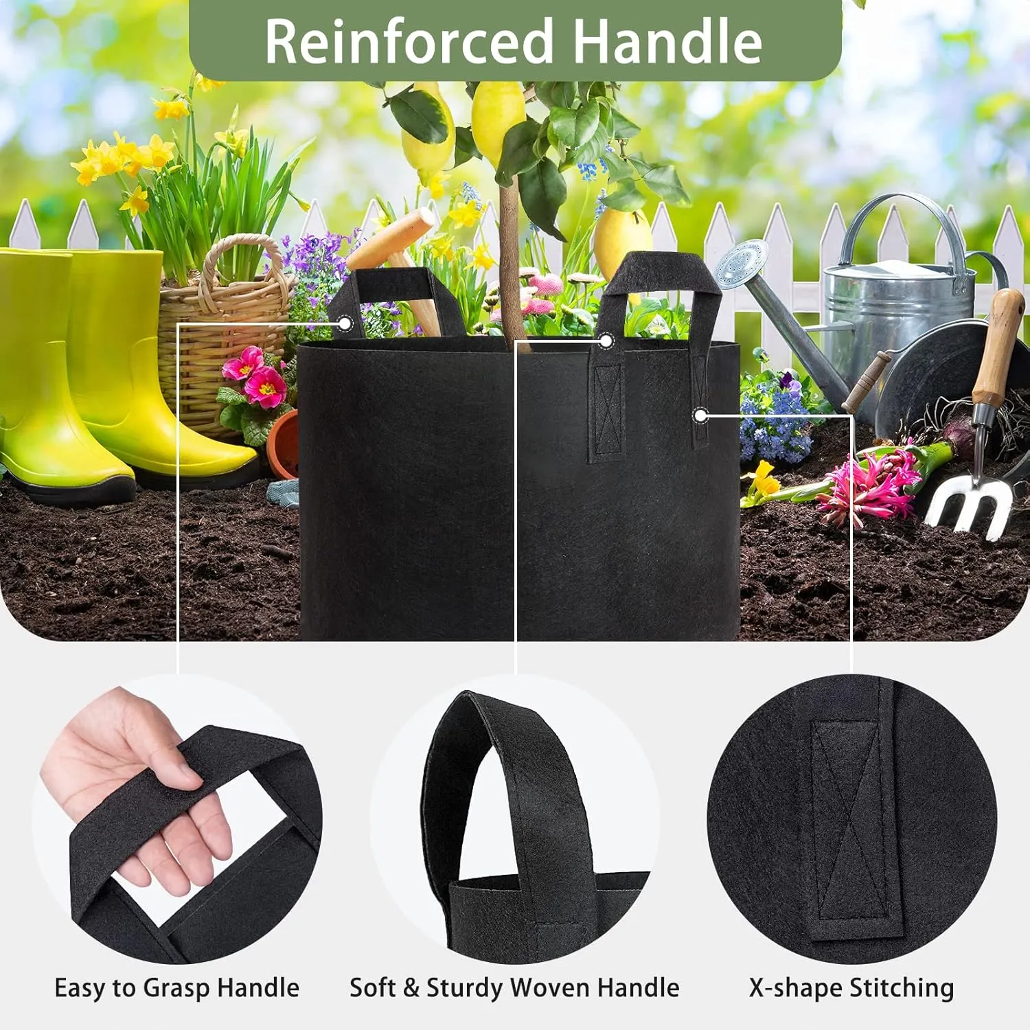 GreatBuddy 15 Gallon Grow Bags 6-Pack, Thick Fabric Pots for Plants, Sturdy Handles & Reinforced Stitching, Labels Included, Black