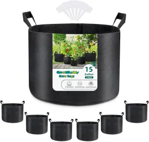 GreatBuddy 15 Gallon Grow Bags 6-Pack, Thick Fabric Pots for Plants, Sturdy Handles & Reinforced Stitching, Labels Included, Black
