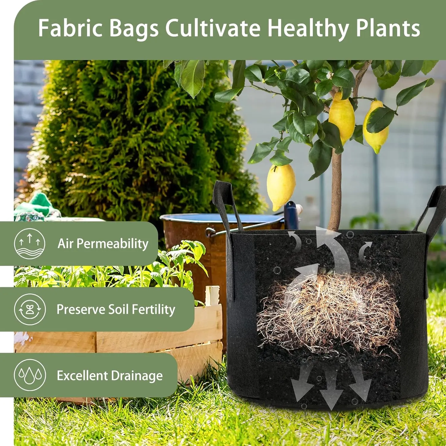 GreatBuddy 15 Gallon Grow Bags 6-Pack, Thick Fabric Pots for Plants, Sturdy Handles & Reinforced Stitching, Labels Included, Black