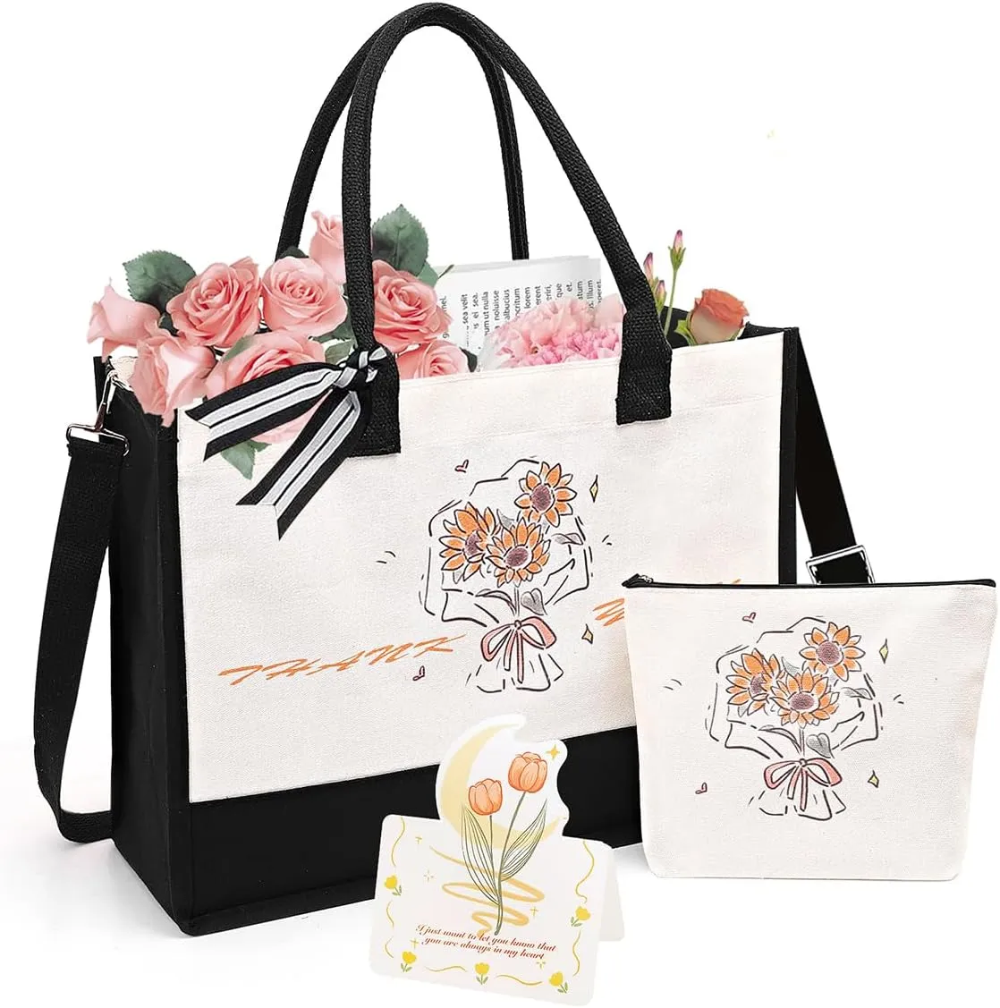 Grocery Bags - Teacher Gifts for Women - Floral Tote Bags with Makeup Bag - Teacher Appreciation Gifts for Women Canvas Tote Bag for Christmas Birthday