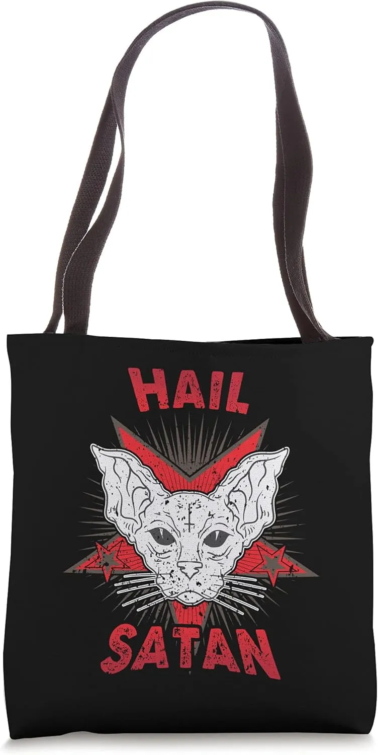 Hail Satan Death Metal Cat Kitten Lucipurr Black Heavy Rock Tote Bag