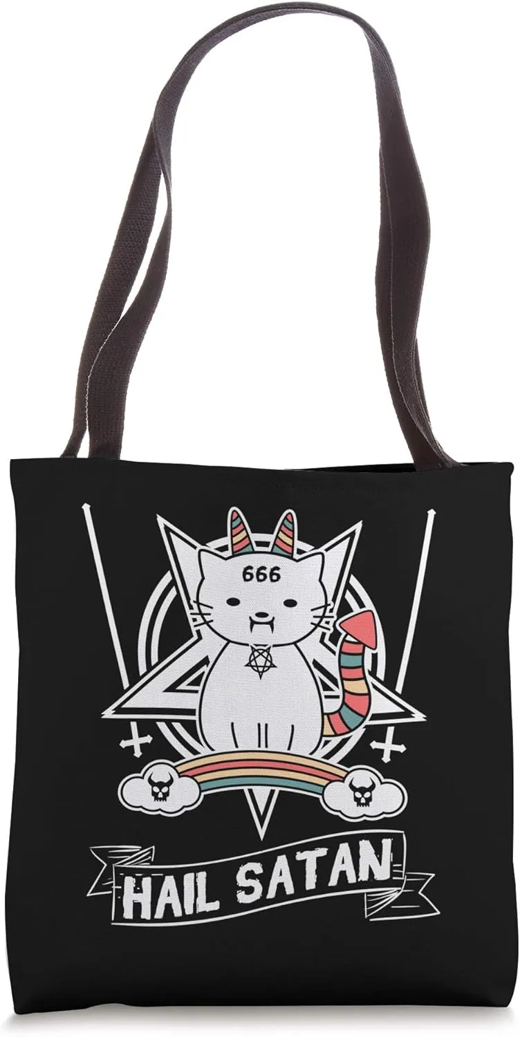 Hail Satan Death Metal Cat Kitten Lucipurr Black Heavy Rock Tote Bag