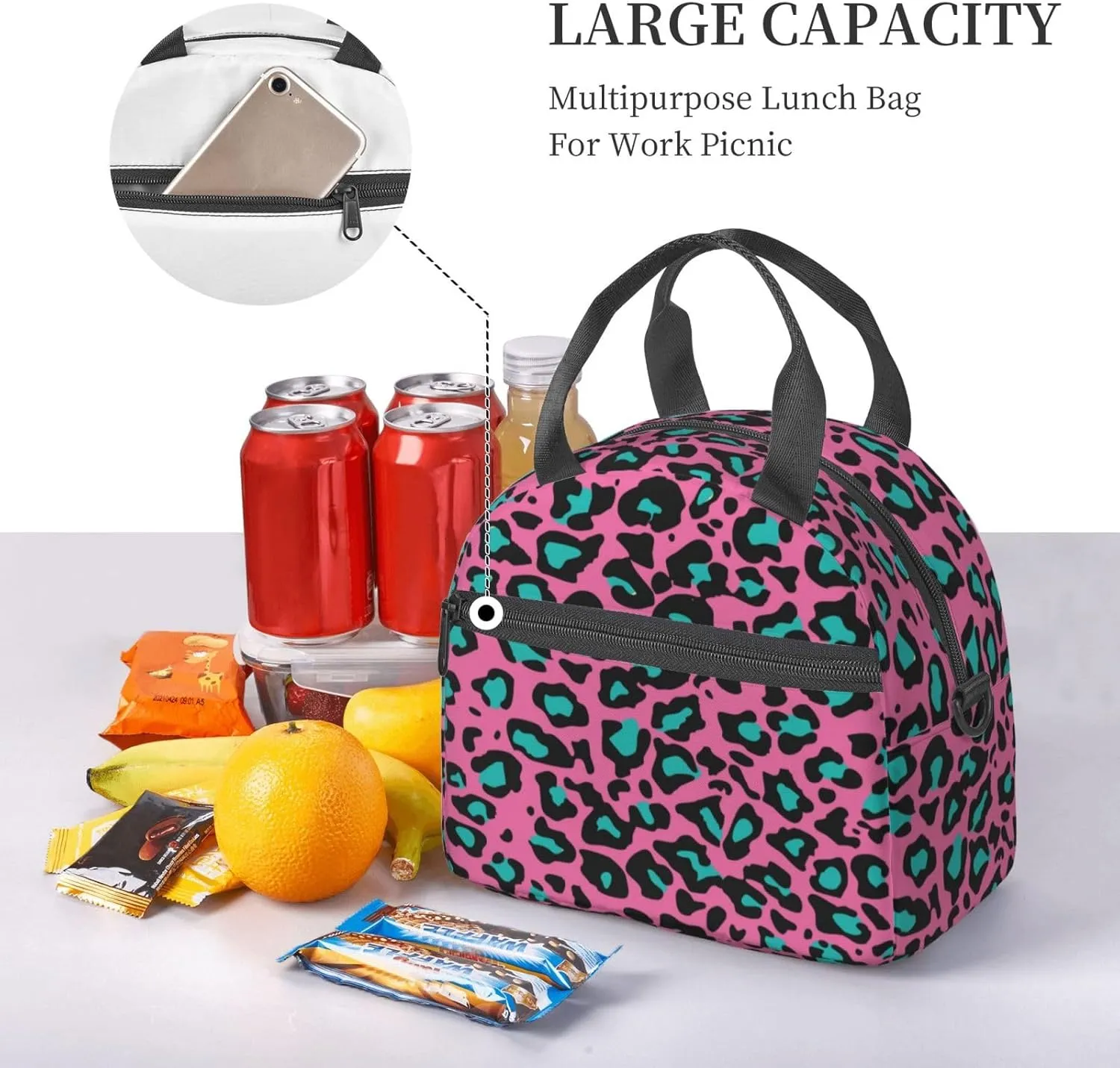 Halloween Themed,Insulated Reusable Lunch Bag Adult Large Lunch Box for Women and Men,Pumpkins Trick Or Treat and Carved,Adjustable Shoulder Strap,Front Zipper Pocket,Orange