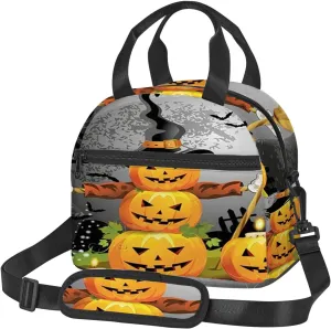 Halloween Themed,Insulated Reusable Lunch Bag Adult Large Lunch Box for Women and Men,Pumpkins Trick Or Treat and Carved,Adjustable Shoulder Strap,Front Zipper Pocket,Orange