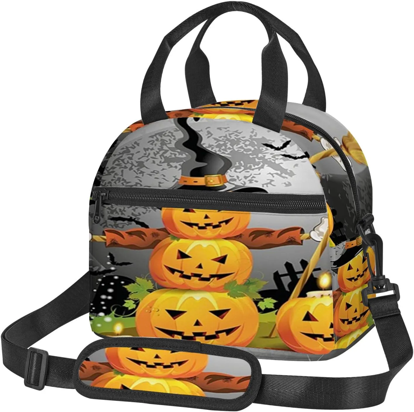 Halloween Themed,Insulated Reusable Lunch Bag Adult Large Lunch Box for Women and Men,Pumpkins Trick Or Treat and Carved,Adjustable Shoulder Strap,Front Zipper Pocket,Orange