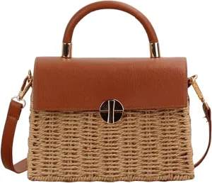 Hand woven rattan bag, summer leather flip beach bag, women's straw woven handbag