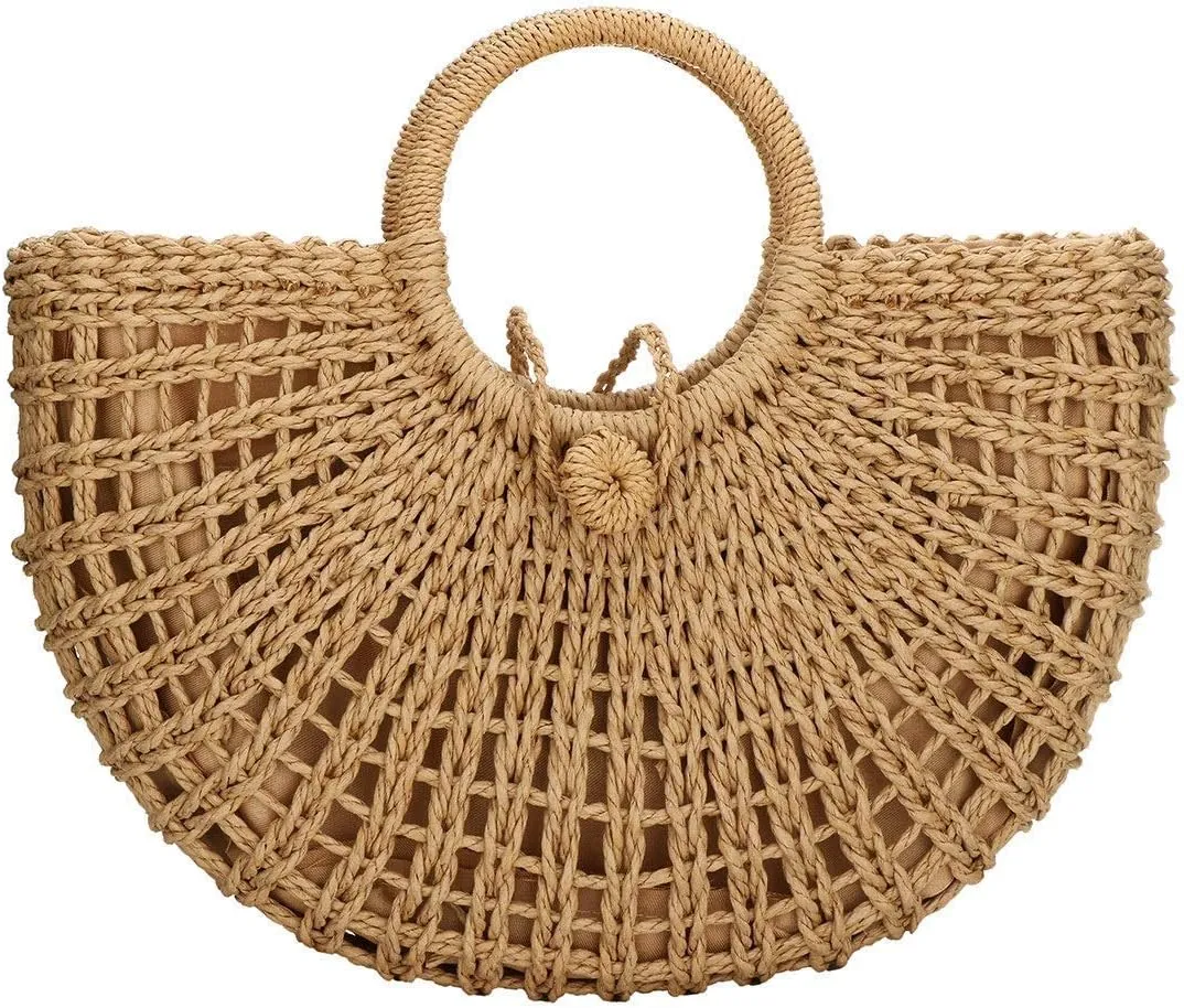 Hand-woven Straw Large Hobo Bag for Women Round Handle Ring Toto Retro Summer Beach Straw Bag