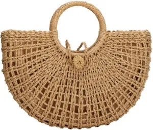 Hand-woven Straw Large Hobo Bag for Women Round Handle Ring Toto Retro Summer Beach Straw Bag