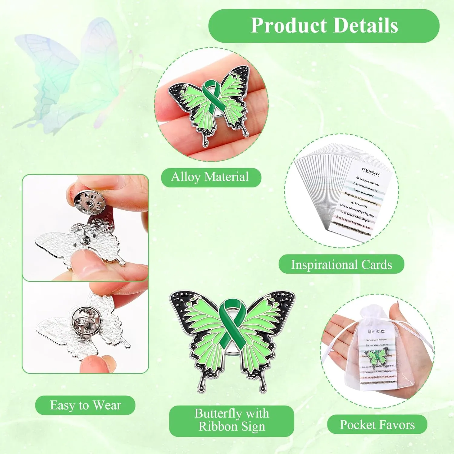 Harloon Mental Health Awareness Lapel Pins Green Butterfly Brooch Prevention Mental Health Month Gifts with Reminders Cards Organza Bags for Campaigns Fundraiser Charity Activity Supplies