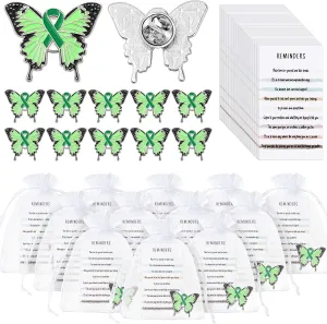 Harloon Mental Health Awareness Lapel Pins Green Butterfly Brooch Prevention Mental Health Month Gifts with Reminders Cards Organza Bags for Campaigns Fundraiser Charity Activity Supplies