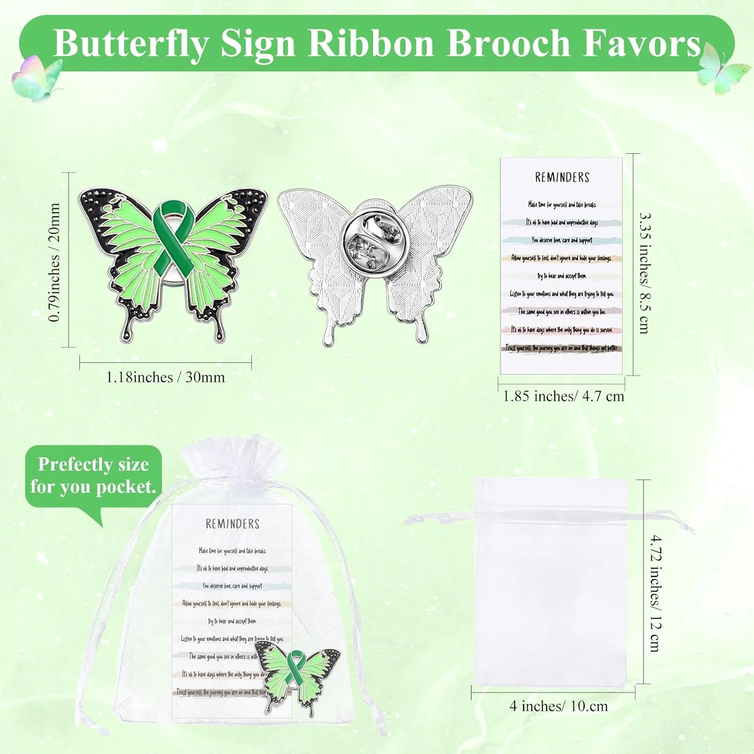 Harloon Mental Health Awareness Lapel Pins Green Butterfly Brooch Prevention Mental Health Month Gifts with Reminders Cards Organza Bags for Campaigns Fundraiser Charity Activity Supplies