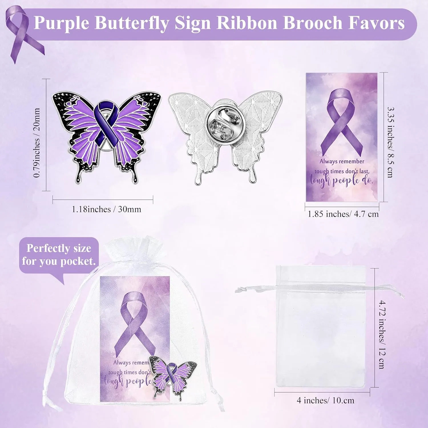 Harloon Purple Awareness Butterfly Pins Domestic Violence Pin Lupus Fibromyalgia Alzheimers Cancer Awareness Brooch with Inspirational Cards Organza Bags for Charity Event Fundraise Gathering