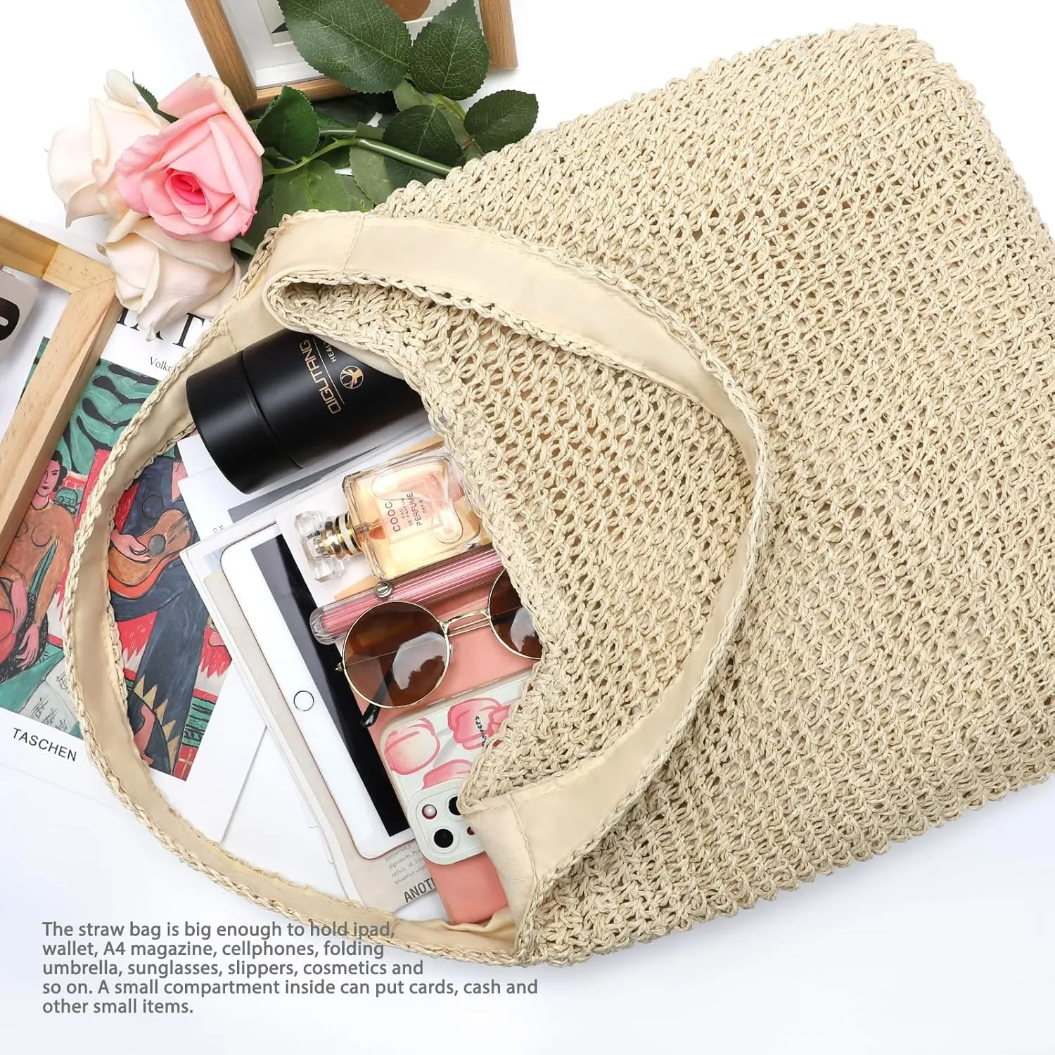 hatisan Straw Beach Bag for Women Summer Woven Beach Tote Bag Shoulder Handbags Boho Bag