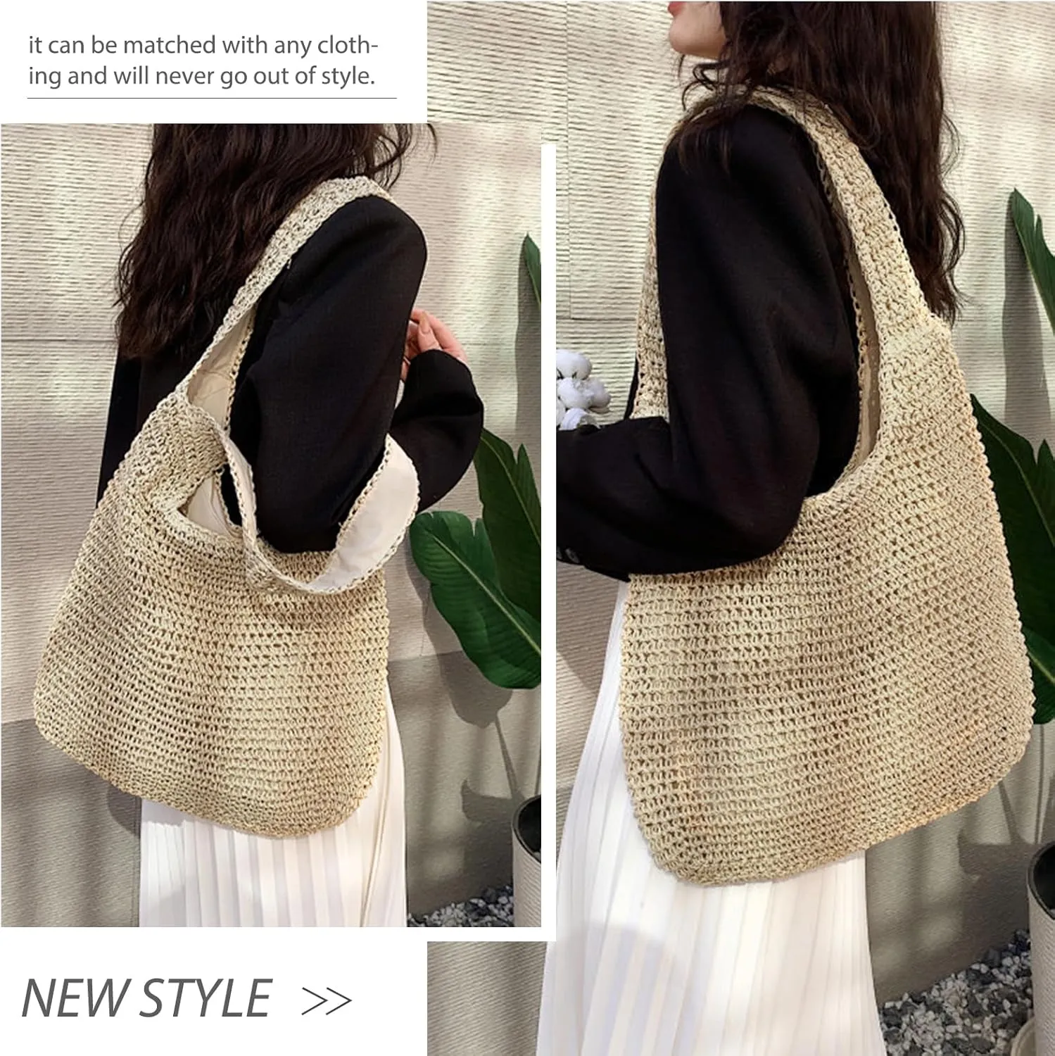hatisan Straw Beach Bag for Women Summer Woven Beach Tote Bag Shoulder Handbags Boho Bag